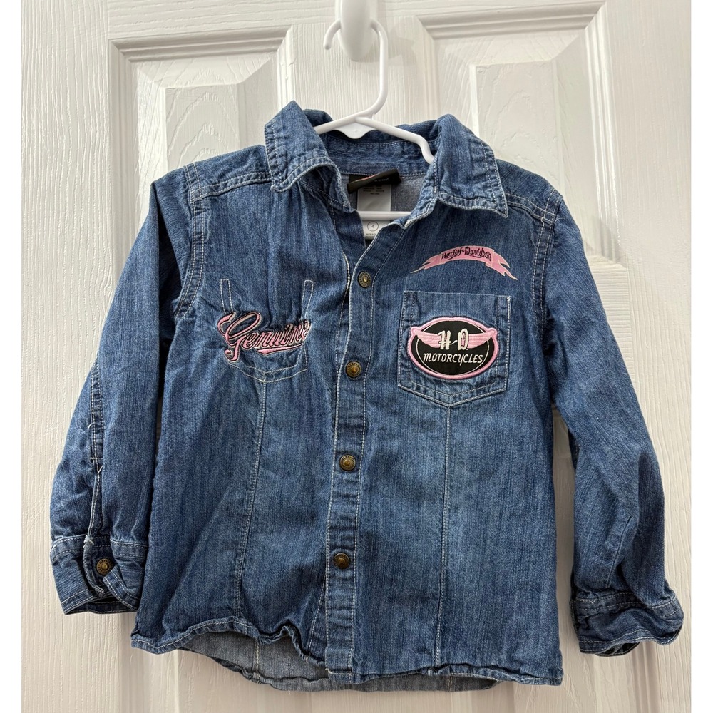 Kids Harley Davidson Denim Shirt Genuine Pink Logo Motorcycles Size 4